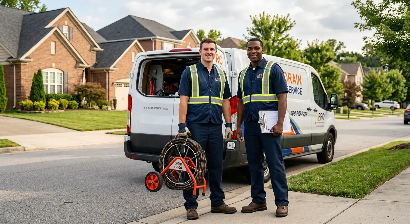 Sewer and drain service team with equipment ready for work in Groveton