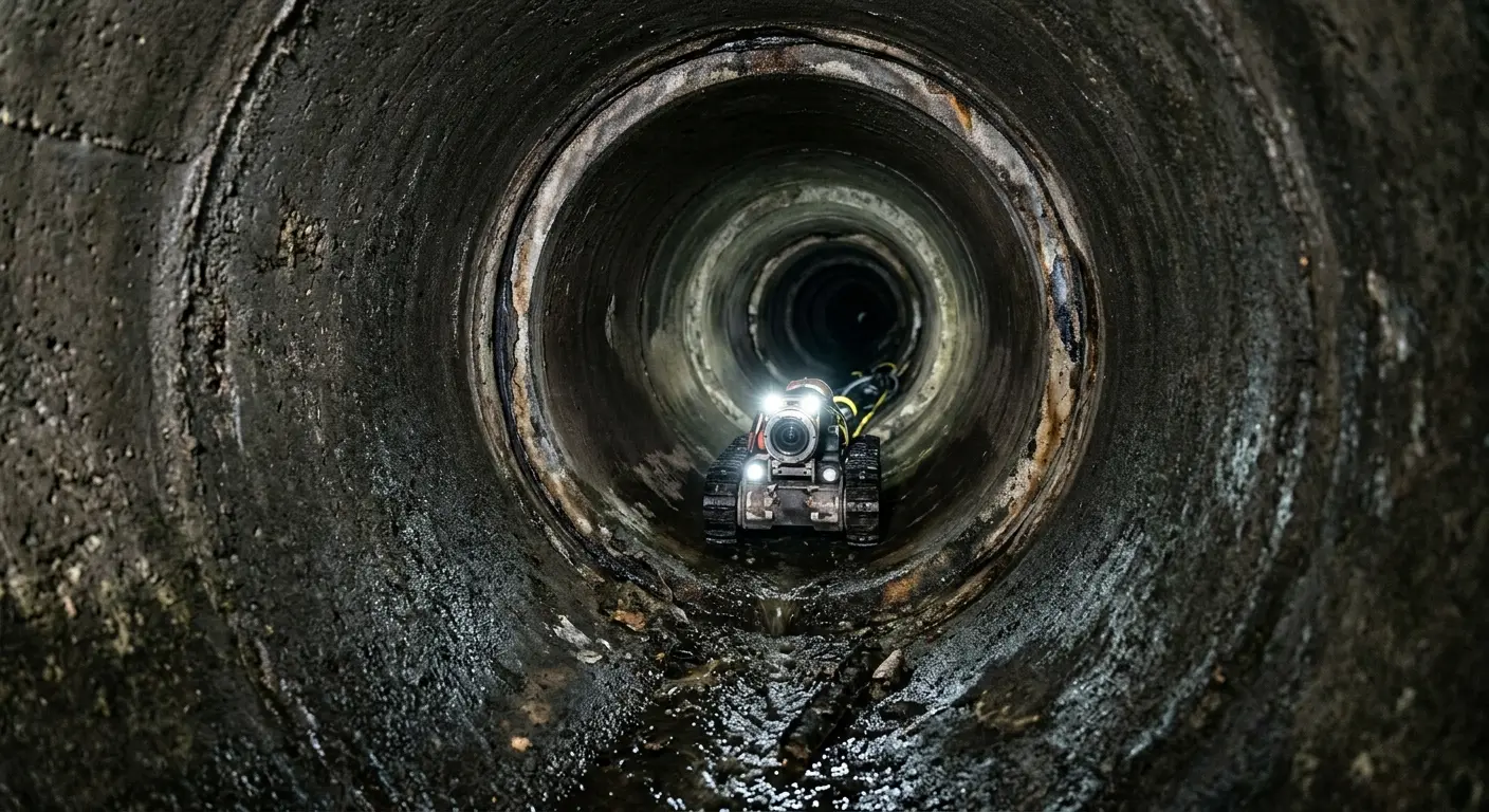 Robotic sewer camera inspecting pipe interior for Sewer Line Cleaning in Groveton