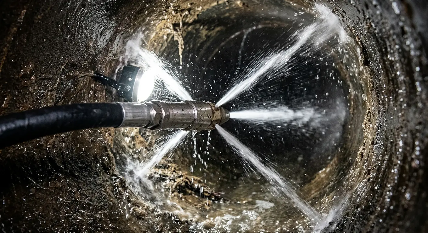 High-pressure hydro jetting nozzle cleaning sewer pipe for Sewer Cleanout in Groveton