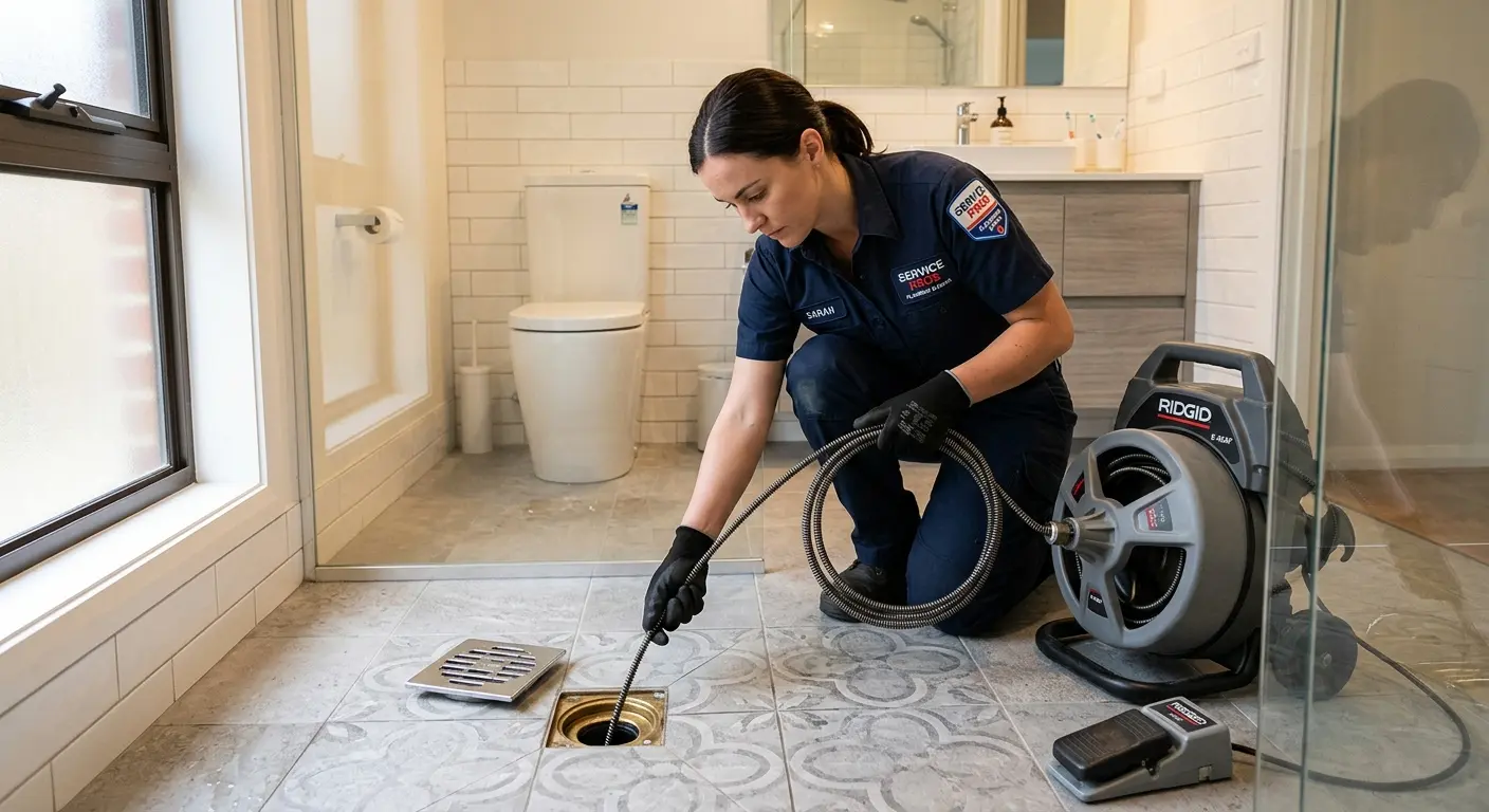 Technician clearing a bathroom floor drain for Sewer Line Installation in Groveton